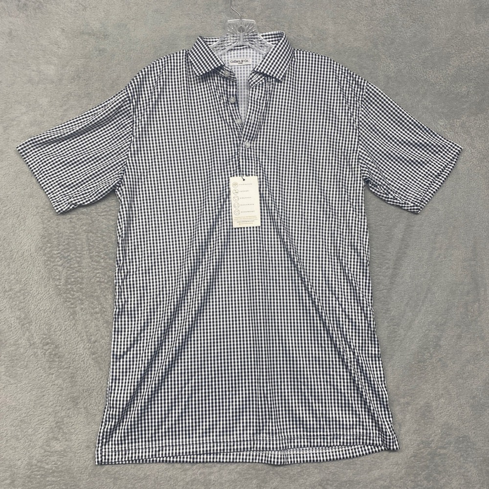 Collars & Co  Polo Shirt Black White Mens Large Dress Collar Gingham Golf
